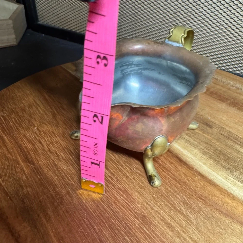 Vintage Copper Creamer Pitcher Scalloped Rim Brass Footed Tripod Base Patina